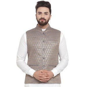 Sleeveless Traditional Brocade Silk Fabric Blue Golden Nehru Jacket by Treemoda